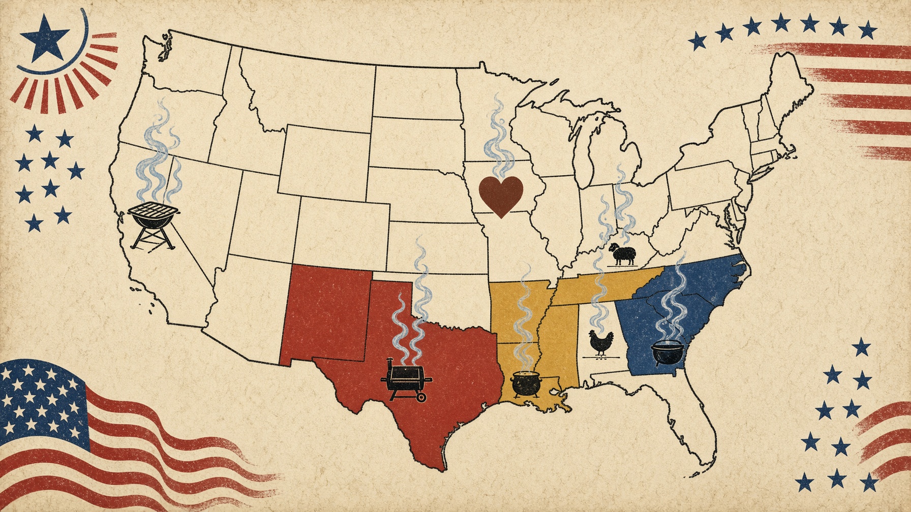 Folk-print map of the United States with BBQ smoke-belt regions marked